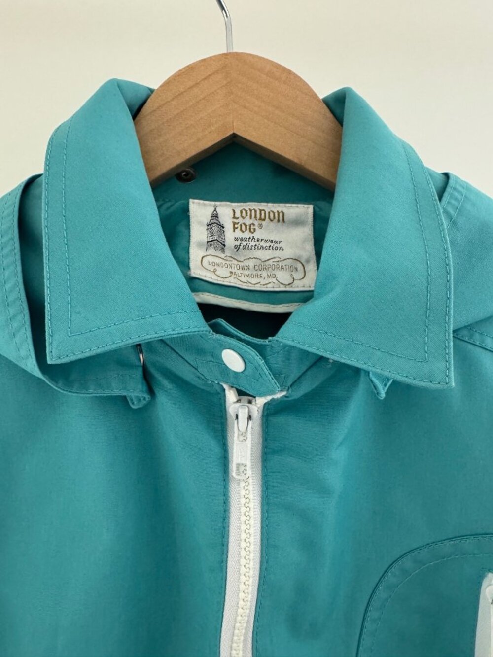 London Fog Vintage 70's Teal Jacket Zip Pockets Detachable Hood Tie Size 13/14 L - Picture 3 of 10